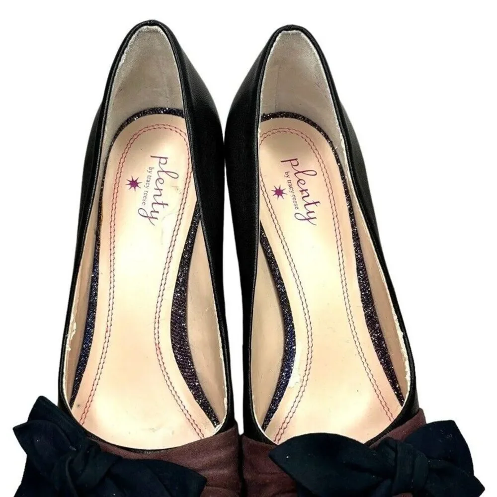 Plenty Tracy Reese Blk Leather Bow Glitter Toe High Heel Pump Womens Size 9/39.5 - Picture 6 of 12
